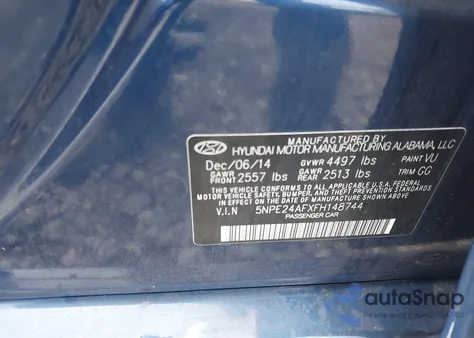 2015 Hyundai Sonata Se из США, поврежденный, VIN 5NPE24AFXFH148744